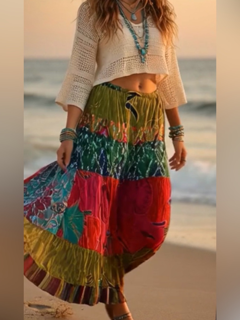 Boho Tiered Maxi Skirt in Green and Pink